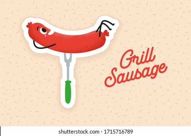 Happy grill sausage on a fork sticker. Cute grilled sausage for an invitation to a party. Vector illustration in flat design. Barbecue party icon on a pattern