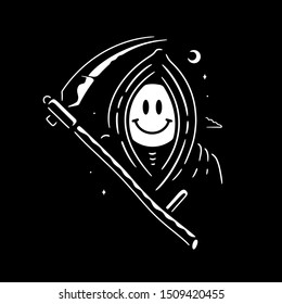 HAPPY GRIM REAPER WHITE BLACK BACKGROUND