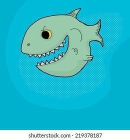 Happy grinning cartoon fish with big mouth and teeth