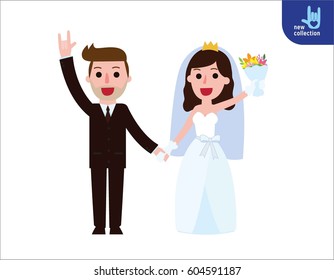 Happy groom and bride.
young married couple posing holding a white bouquet smiling 
Newlyweds illustration. wedding invitation concept. 
Vector flat style cartoon character design
Isolated 