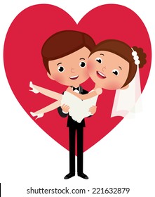 Happy groom holds his bride in his arms/Groom holds his bride in his arms/Illustration of bride and groom on the background of hearts