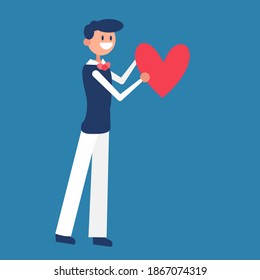 Happy groom in love is smiling and holding heart. Beautiful person in a wedding dress. Romance, wedding, valentine and love concept. Flat vector stock illustration isolated on blue.
