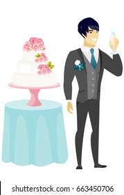 Happy groom standing near wedding cake and holding a glass of champagne. Delighted groom saying a toast with a glass of champagne in hand. Vector flat design illustration isolated on white background.