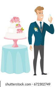 Happy groom standing near wedding cake and holding a glass of champagne. Delighted groom saying a toast with a glass of champagne in hand. Vector flat design illustration isolated on white background.
