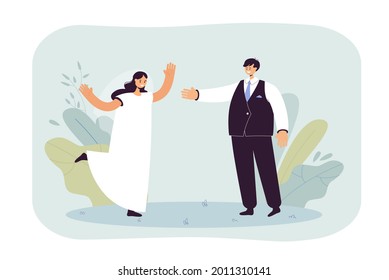 Happy groom taking bride by hand flat vector illustration. Young couple in wedding dresses getting married. Ceremony, engagement, love, marriage concept for banner, website design or landing web page