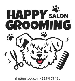 Happy grooming salon illustration cartoon vector logo. Cute dog with paw prints and barber tools