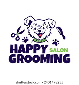 Feliz salón de belleza ilustración caricaturista logo vectorial. Perro lindo con huellas de pata y herramientas de barbero. Logo de Grooming salon