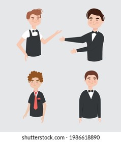 happy grooms set on background