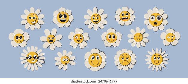 Happy groovy daisy flowers face set. Funky flower characters, cute smiling chamomiles with sunglasses in trendy psychedelic retro y2k style. Hippie funny floral stickers collection, trippy plant art.
