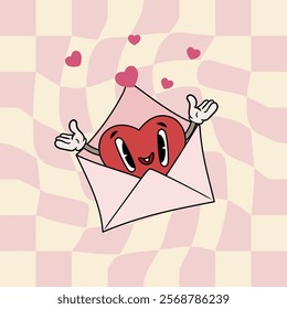Happy groovy retro cartoon heart characters in an envelope. Valentines day mascot. Flat vector illustration.