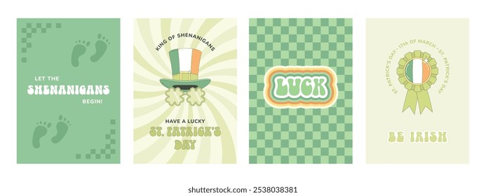 Happy groovy St. Patrick's day. Set of greeting cards, posters. Leprechaun hat, shamrock party glasses, rosette with Irish flag, leprechaun footprints, good luck wishes. Retro design.
