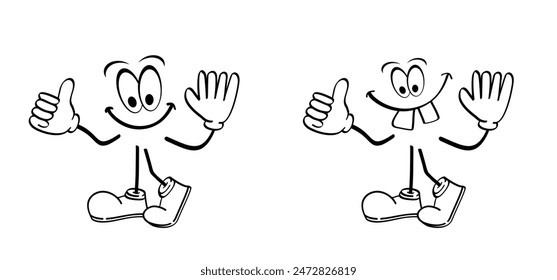 Happy groovy stickman or stick figures man. Comics types, cartoon mascot boot, shoe, foot and arm positions. Arms, hand, legs and boots clipart expressions. Human, animation character body parts.