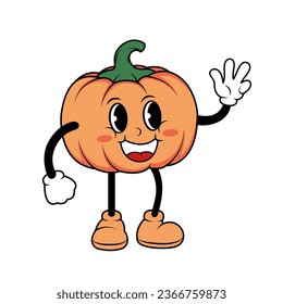 Happy groovy style pumpkin is smiling. A fun holiday character. Isolated vector illustration.