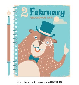 Happy Groundhog background with marmot on vintage notebook paper.Vector color illustration