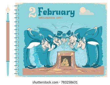 Happy Groundhog background with marmot on vintage notebook paper. Vector color illustration
