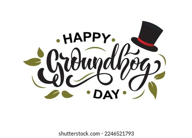 Happy Groundhog Day  2 February handwritten text. Modern brush ink calligraphy isolated on white background. Hand lettering. Typography design for greeting card, banner, poster. Vector illustration.