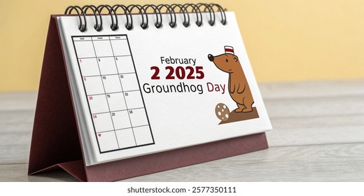 Happy  Groundhog Day 2025, February 2nd. Close up of February 2, Groundhog Day, on a calendar. Vector illustration