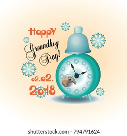 Happy Groundhog Day! Alarm clock with cute groundhog. Design for a postcard with a banner, poster, printing on fabric or paper.