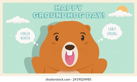 Happy Groundhog Day background, banner or card with lettering. Cute cartoony retro vector illustration. Cute marmot with shadow yelling prediction. Longer winter or early spring. 