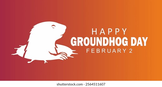 Happy Groundhog Day Banner. Cheerful groundhog peeking out of its burrow. Vector Illustration