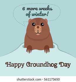 Happy Groundhog Day banner design. Funny and cute groundhog character. Text title spring with bubble on blue background. February 2