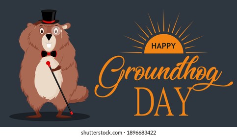 Happy Groundhog Day. Banner with the image of a funny elegant groundhog in a suit. Vector illustration isolated on a dark background.