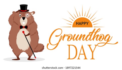 Happy Groundhog Day. Banner with the image of a funny elegant groundhog with a suit. Vector illustration isolated on a white background.