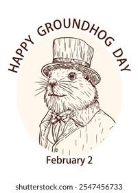 Happy Groundhog Day. Banner with the image of a funny elegant groundhog in a suit. groundhog Phil in a Top Hat. Sketch vector illustration isolated on a white background.