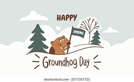 happy groundhog day banner. A smiling rodent peeks out of the snow on February 2. Traditional celebration. Vector graphics