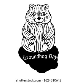 happy groundhog day black and white drawing, groundhog and his tenvector, isolate, illustration