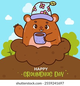 Happy Groundhog Day in burrow with coffee kawaii sticker. Cute woodland animals (Woodchuck cartoon) Forecast weather. Harbingers of spring. Vector illustration Flat clipart banner and background.