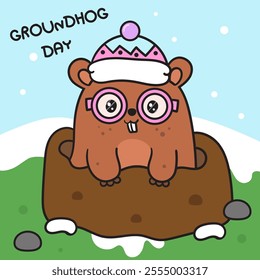 Happy Groundhog Day in burrow wear winter costume kawaii sticker. Cute woodland animals (Woodchuck cartoon) Forecast weather.Harbingers of spring. Vector illustration Flat clipart banner and backgroud