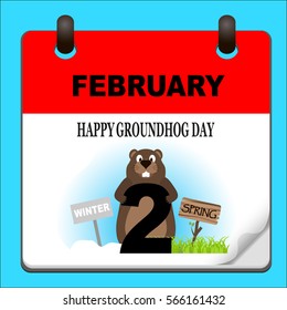 Happy Groundhog day calendar. Calendar February 2 Groundhog image and tablets winter and spring