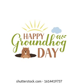 Happy Groundhog Day calligraphy hand lettering with cute cartoon groundhog isolated on white. Easy to edit vector template for greeting card, typography poster, banner, flyer, sticker, etc.