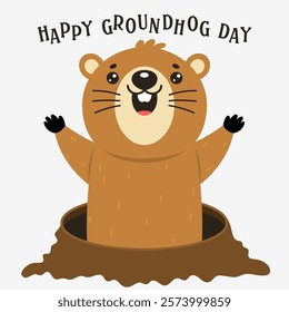 Happy groundhog day. Happy groundhog came out of the hole. Vector illustration