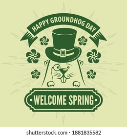 Happy Groundhog day card design with cute groundhog. Vector illustration