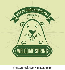 Happy Groundhog day card design with cute groundhog. Vector illustration