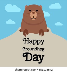 Happy Groundhog Day card design. Blue cloud background with groundhog character. Celebrating text, February 2