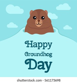 Happy Groundhog Day card design. Blue cloud background with groundhog character. Celebrating text, February 2