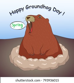 Happy Groundhog Day card design with cute groundhog screaming Spring