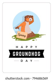 Happy Groundhog Day card design with cute groundhog.