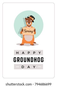 Happy Groundhog Day card design with cute groundhog.