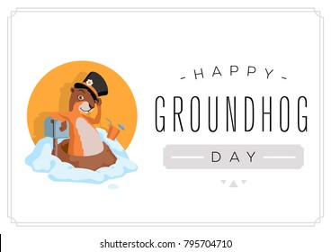 Happy Groundhog Day card design with cute groundhog.