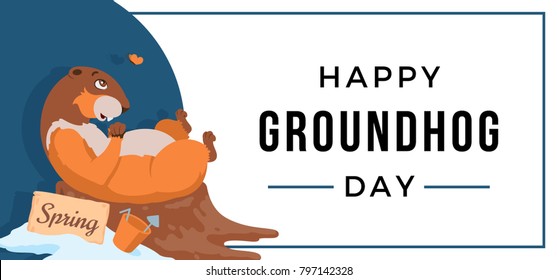 Happy Groundhog Day card design with cute groundhog.