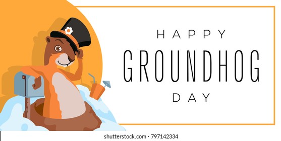 Happy Groundhog Day card design with cute groundhog.