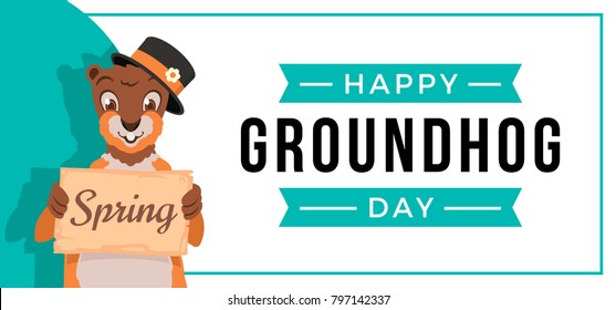 Happy Groundhog Day card design with cute groundhog.