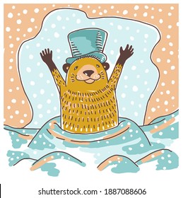 Happy groundhog day card. Flat, vector, doodle, hand drawn sketch,  simple cartoon illustration. Furry rodent in blue cylinder head dress holding his hands in air outside the hole looking for shadow