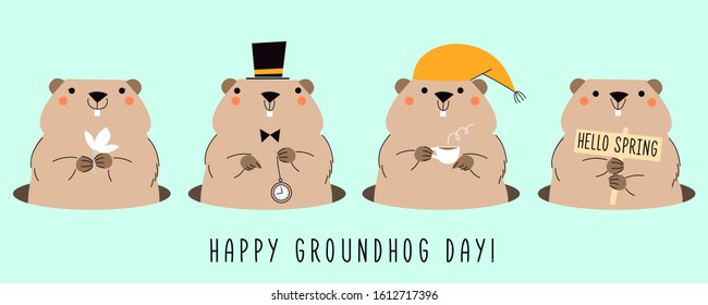 Happy Groundhog Day. Card with four cute groundhogs. Design for print greetings card, banner, poster. Vector illustration.