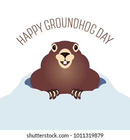 Happy groundhog day card. Holiday winter and spring banner rodent february woodchuck cute shadow, cartoon vector illustration, hole, fun. Character animal mammal.