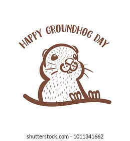 Happy groundhog day card. Holiday winter and spring banner rodent february, woodchuck cute shadow, cartoon vector illustration, hole, fun. Character animal mammal.